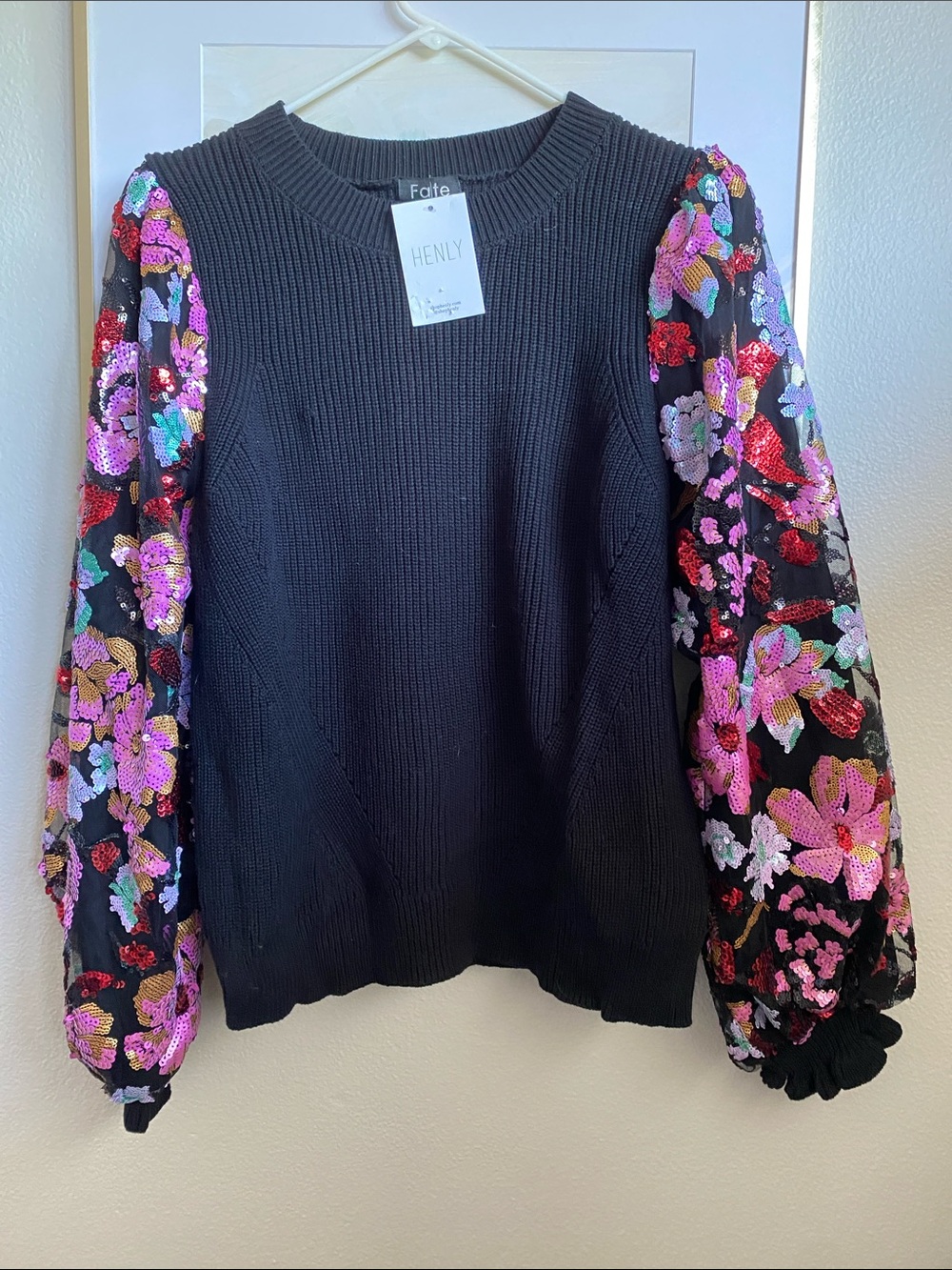 NWT 100% Cotton & Sequin Sleeves Sweater, Sz L
